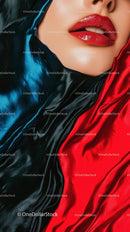 Close-up of Red Lips and Satin Red and Black Fabric