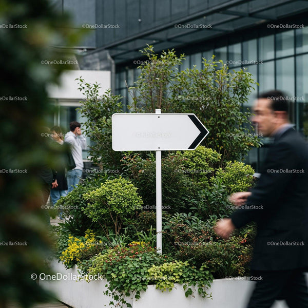 Blank Directional Sign Amid Urban Greenery and Moving Crowd JPG Mockup Image