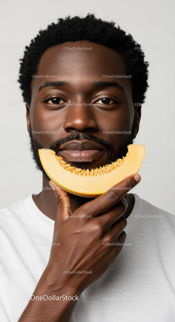 Close-up of a Man with a Melon Slice in a Bright Minimalist Studio