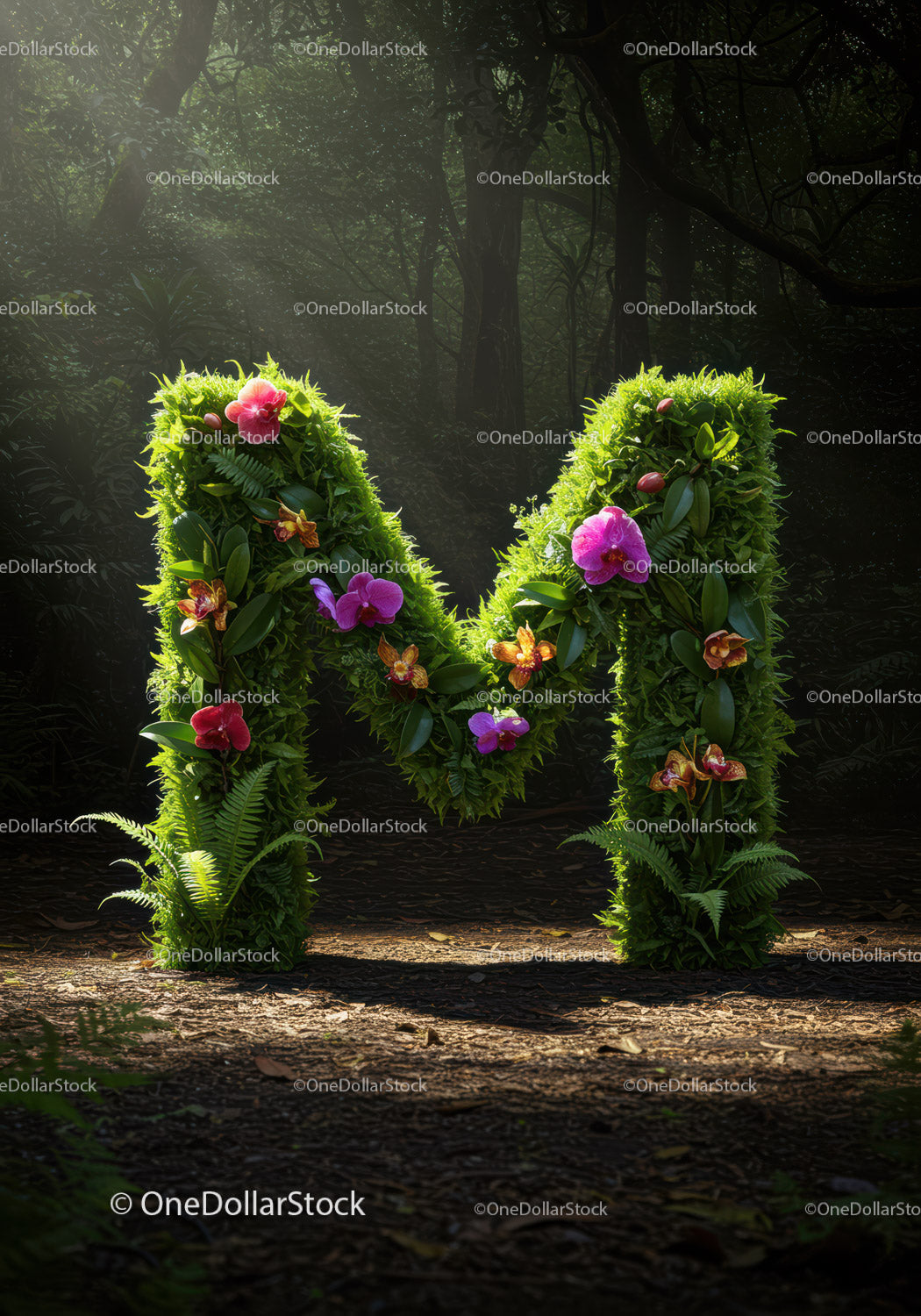 Lush Green Letter M Decorated with Orchids in Forest