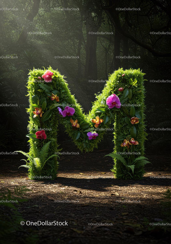 Lush Green Letter M Decorated with Orchids in Forest
