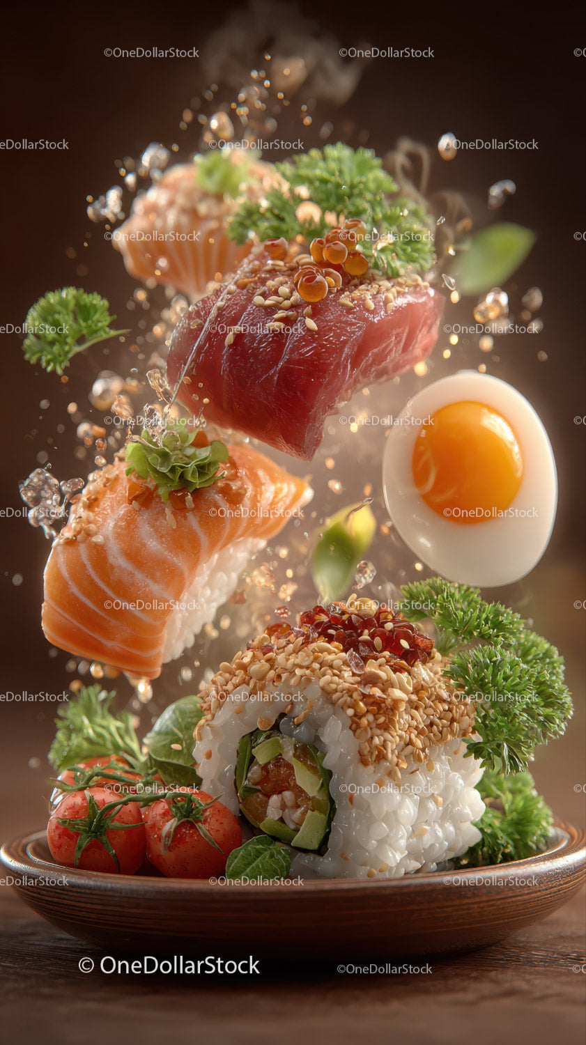 Assorted Sushi Rolls with Salmon Avocado and Cherry Tomatoes