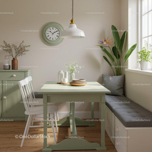 Elegant Green Dining Nook with Potted Plants and Modern Decor