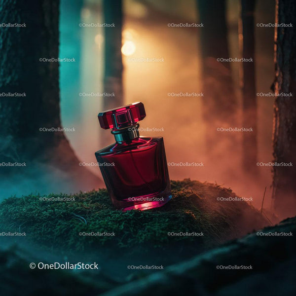 Elegant Red Perfume Bottle in Mystical Forest with Atmospheric Lighting JPG Mockup Image