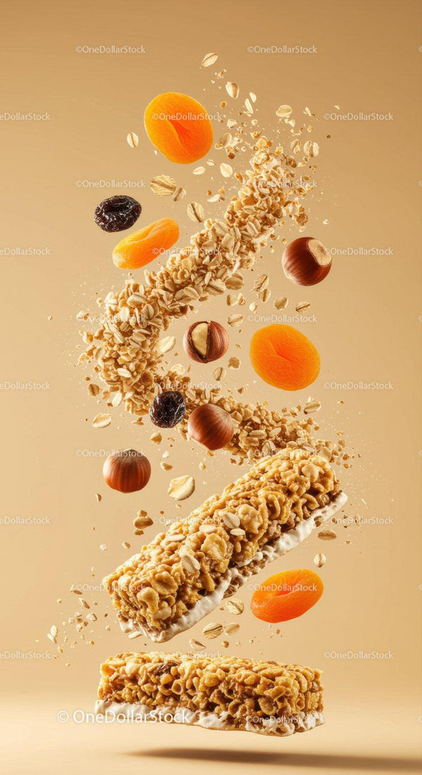 Healthy granola bars with nuts and dried fruits floating