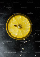 Fresh lemon slice submerged in water with bubbles