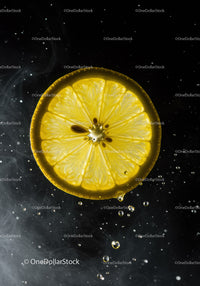 Fresh lemon slice submerged in water with bubbles