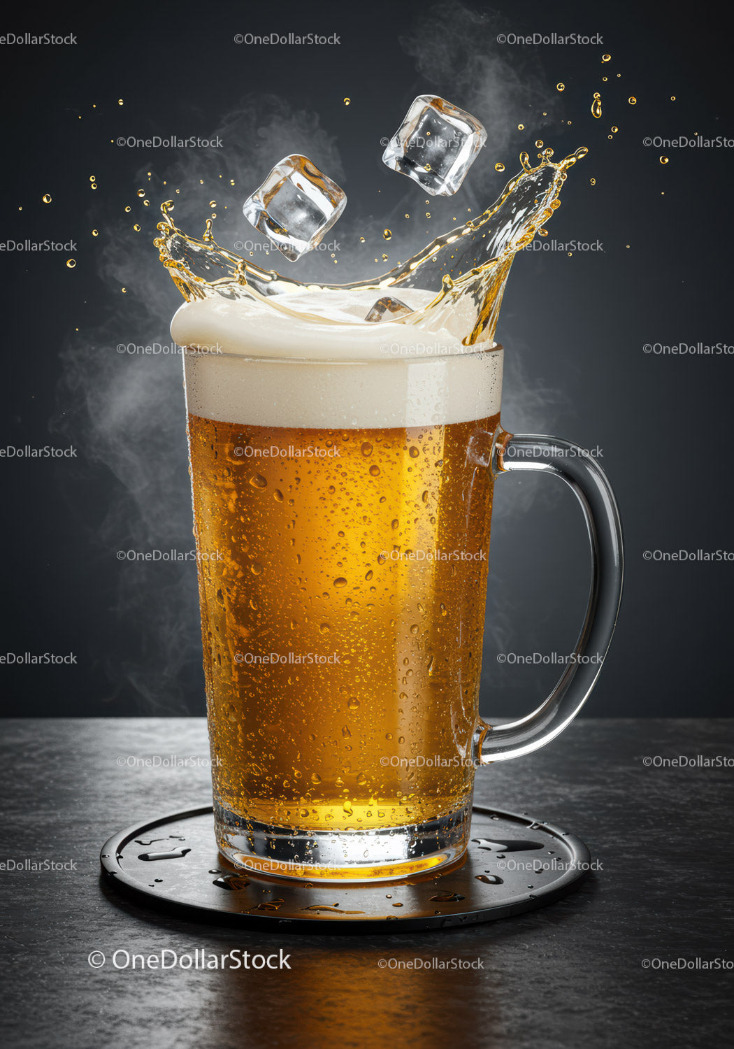 Refreshing beer glass with ice cubes splashing over