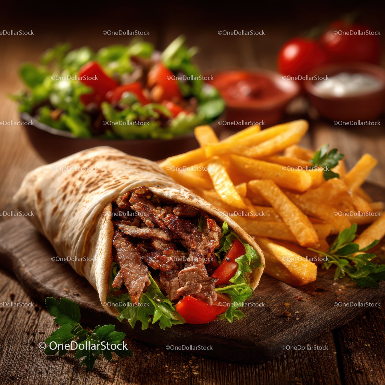 Delicious Beef Burrito with Crispy French Fries and Fresh Salad