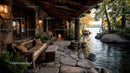 Rustic Lakeside Cabin with Stone Patio and Autumn Trees