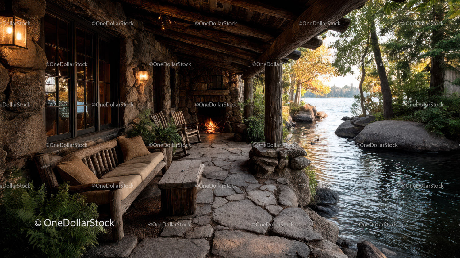 Rustic Lakeside Cabin with Stone Patio and Autumn Trees