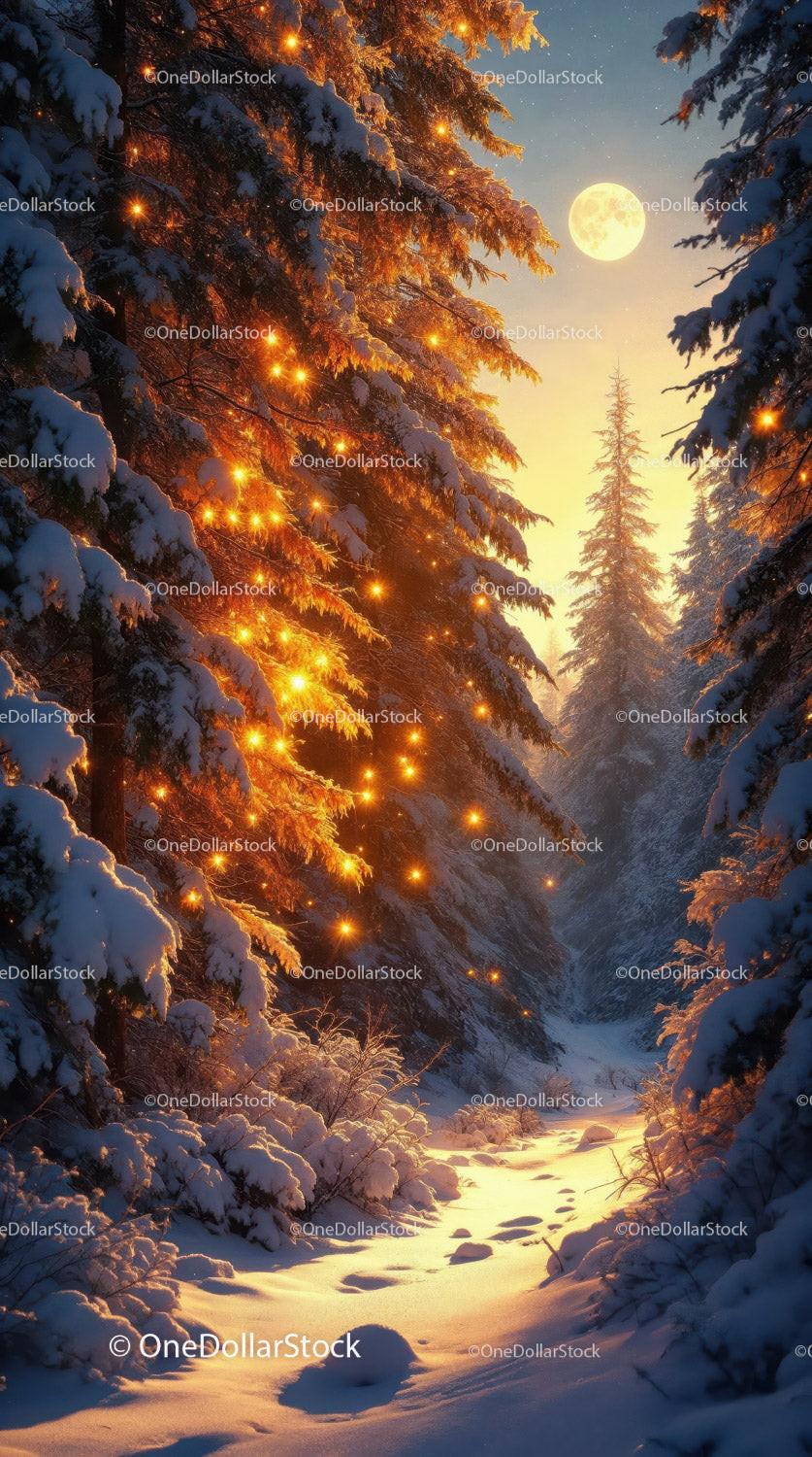 Snowy forest path illuminated by glowing lights and moon