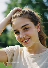 Young Woman Smiling Outdoors in Summer Sunshine with Green Foliage