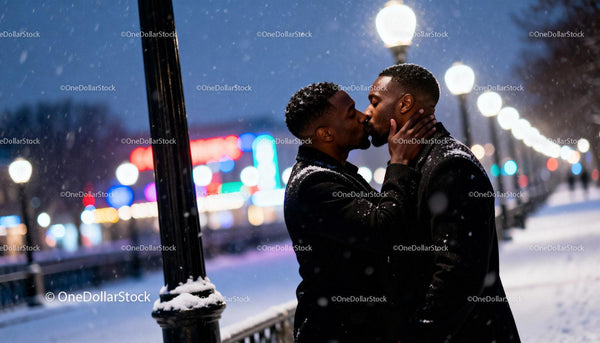 Romantic Winter Kiss Between Two Men in Snowy City