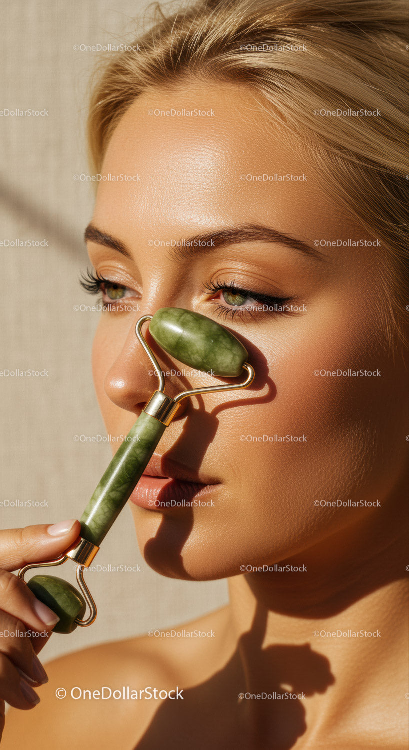 Woman with Jade Roller Performing Facial Massage for Radiant Skin