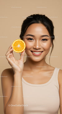 Young Woman Smiling with Orange Slice in Natural Beige Studio