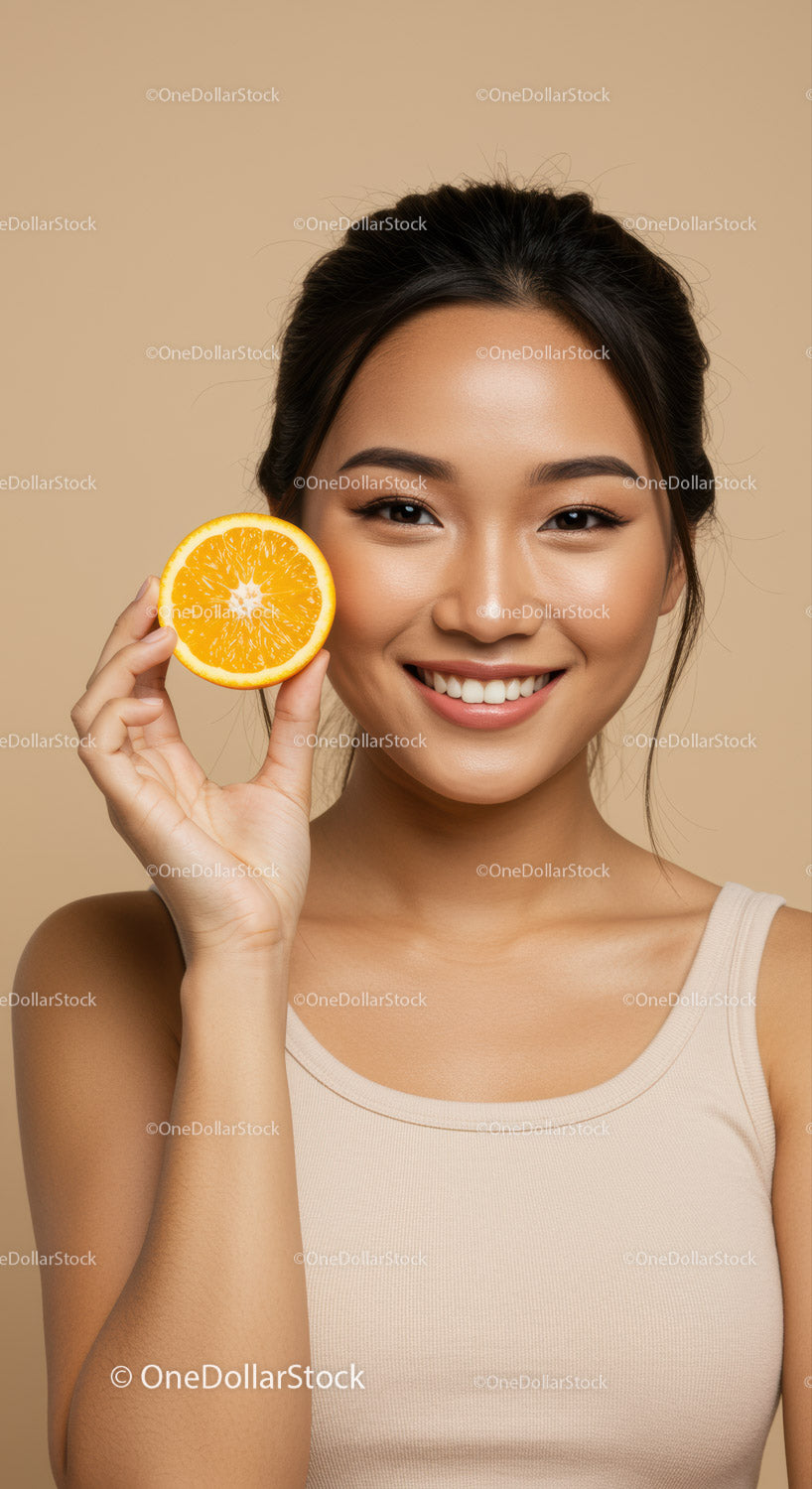 Young Woman Smiling with Orange Slice in Natural Beige Studio