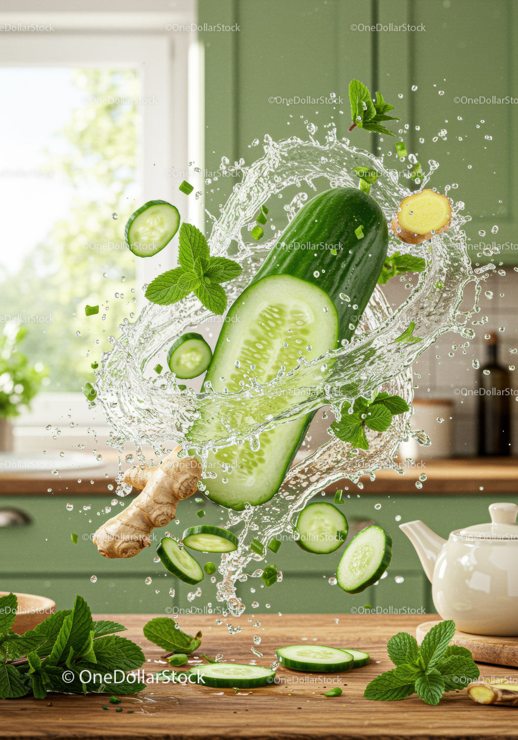 Fresh cucumber, ginger and mint splash in kitchen light