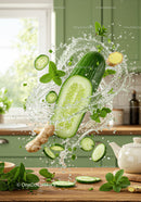 Fresh cucumber, ginger and mint splash in kitchen light