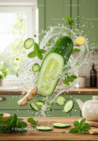 Fresh cucumber, ginger and mint splash in kitchen light