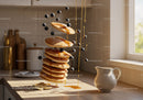 Stack of pancakes with blueberries and honey drizzle