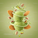Two scoops of pistachio ice cream with wafers and nuts