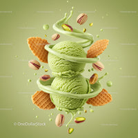 Two scoops of pistachio ice cream with wafers and nuts