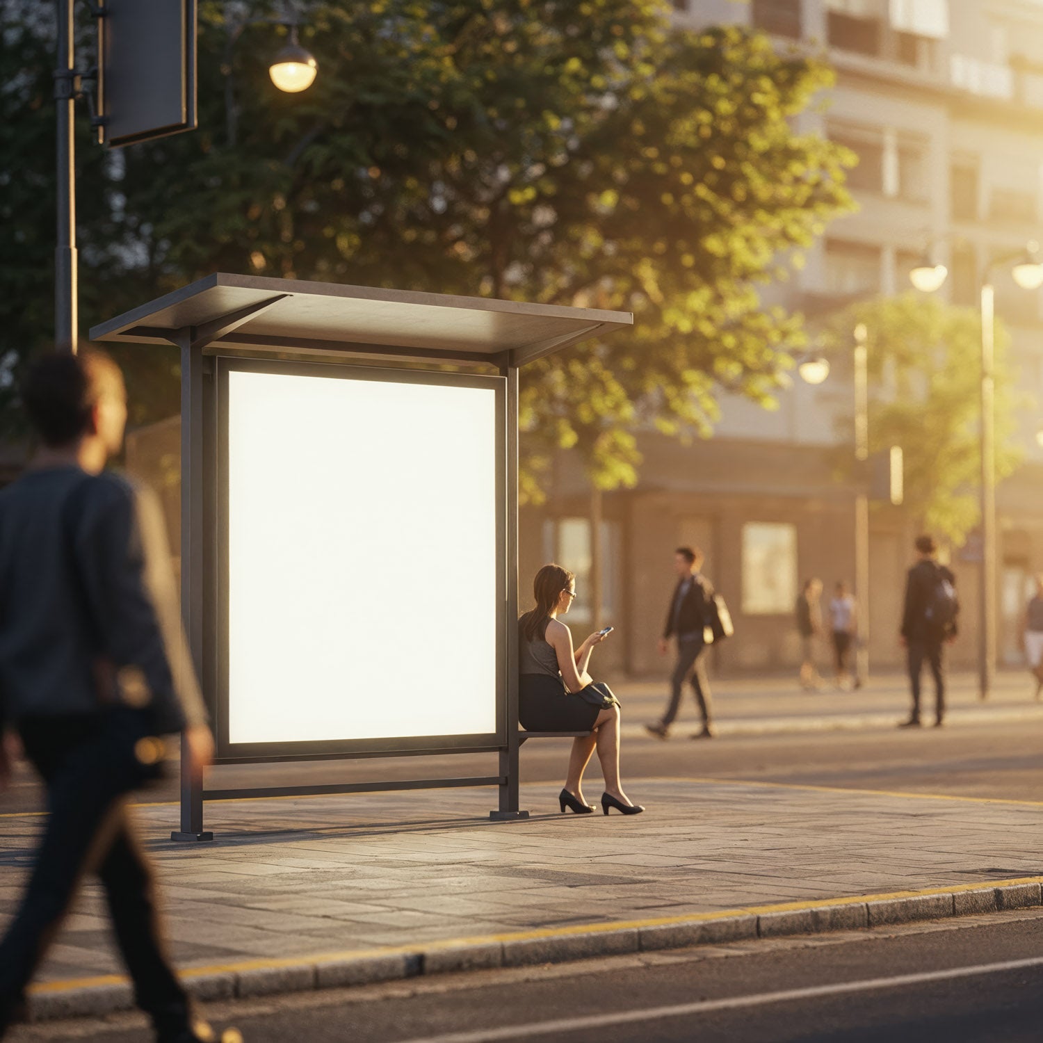Woman waiting at bus stop in warm evening light