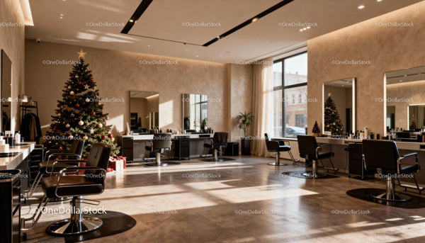 Modern Hair Salon Decorated for Christmas with Natural Light