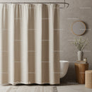 Modern Bathroom with Beige Shower Curtain and Wooden Decor Elements