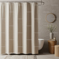 Modern Bathroom with Beige Shower Curtain and Wooden Decor Elements