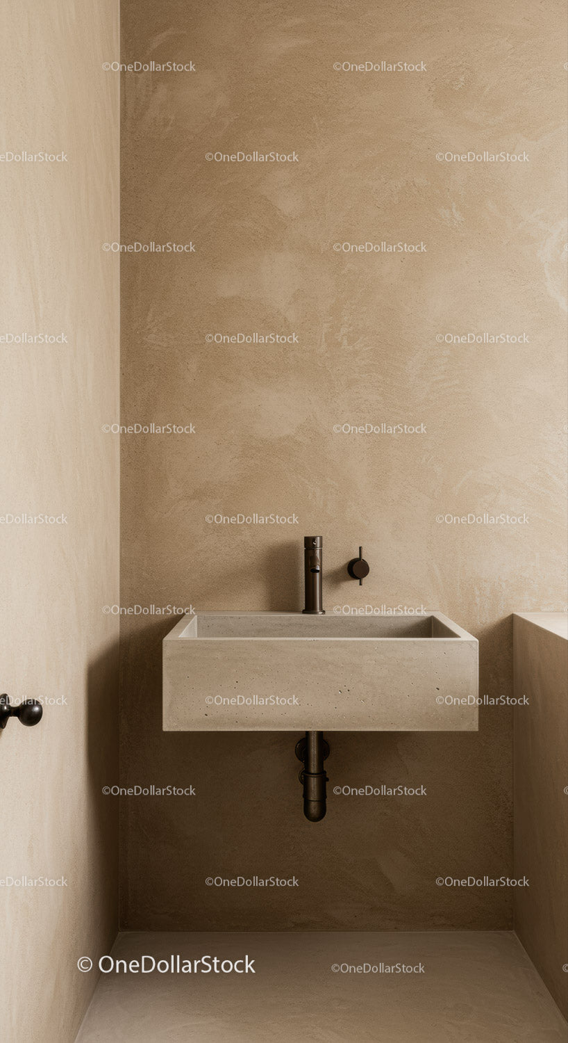 Nowoczesna minimalistyczna betonowa umywalka w stylowej, neutralnej łazience