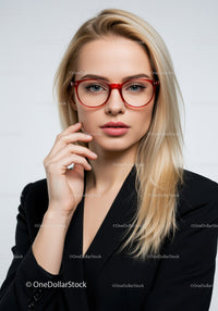 Elegant Woman in Black Blazer Wearing Red Glasses Portrait