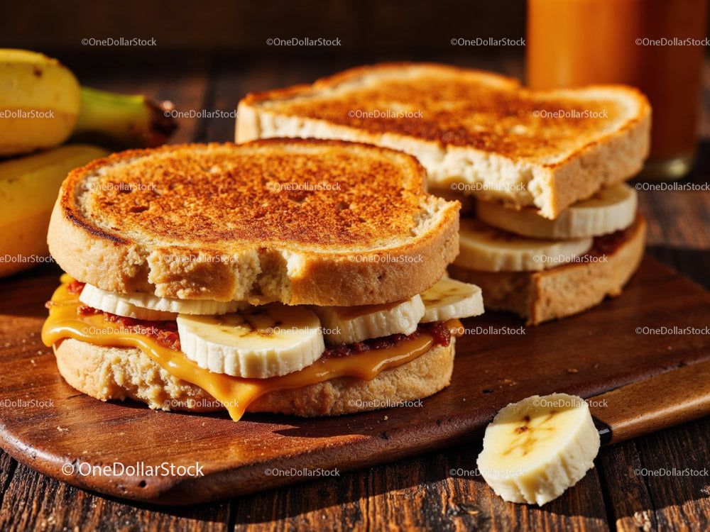 Grilled Cheese Sandwich with Banana Slices on Wooden Board