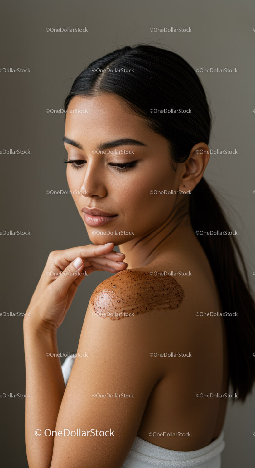 Młoda kobieta nakładająca peeling kawowy na ramiona w celu pielęgnacji skóry