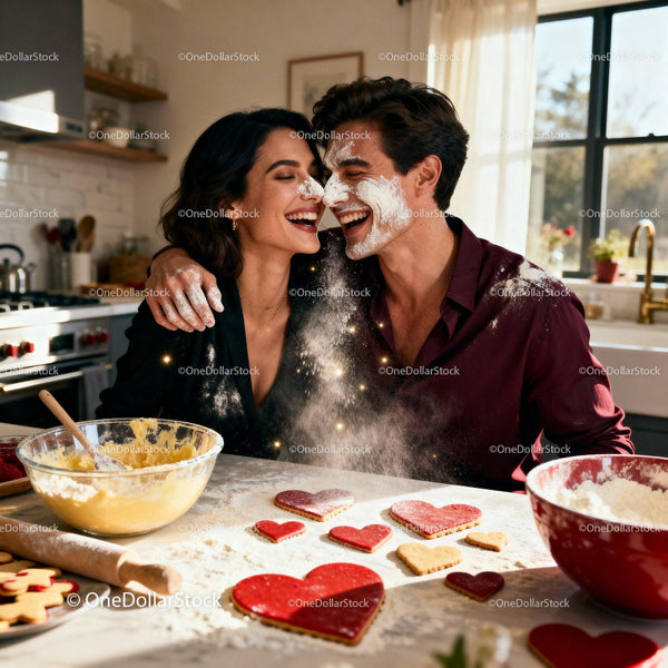 Couple Sharing Laughter While Baking Heart Shaped Cookies