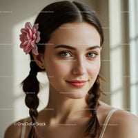 Portrait of a Young Woman with Braided Hair and Pink Flower Accessory