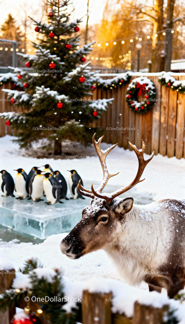 Reindeer and penguins near decorated Christmas tree in snow