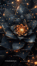 Black and Gold Cosmic Flower Digital Art with Sparkling Particles