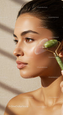 Young Woman Using Jade Roller for Glowing Skin and Facial Care