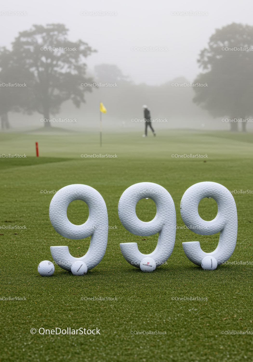 Golf Course with Giant 999 Number and Golf Balls
