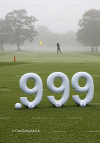 Golf Course with Giant 999 Number and Golf Balls