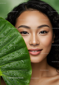 Beautiful Woman with Curly Hair and Green Foliage Close-Up
