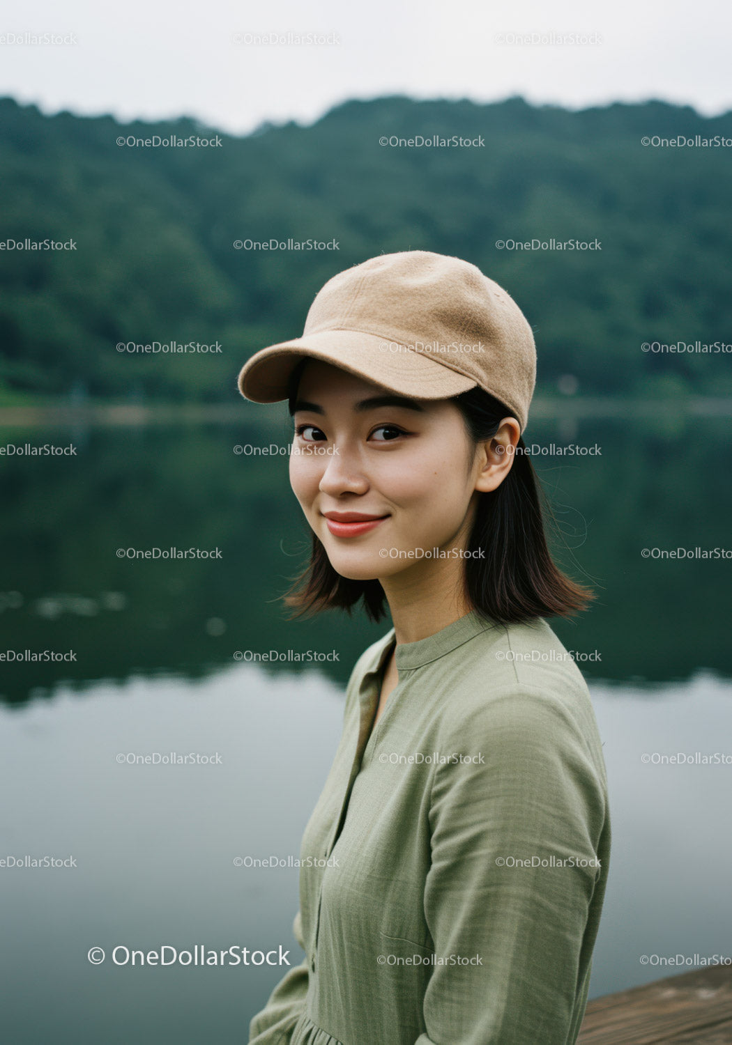 Young Woman in Green Dress Wearing Beige Cap Near Lake Landscape