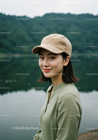 Young Woman in Green Dress Wearing Beige Cap Near Lake Landscape