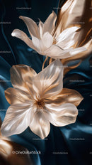 Elegant White and Gold Silk Flowers on Satin Fabric for Luxurious Decor