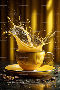 Dynamic Coffee Splash in a Yellow Cup with Coffee Beans