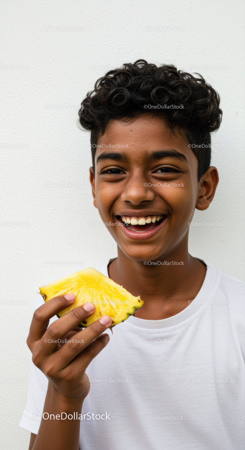 Young Boy Smiling with Fresh Pineapple Over White Background
