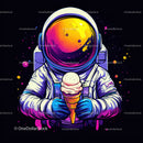 Colorful Astronaut Holding Ice Cream in Space with Galaxy Reflection