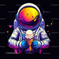 Colorful Astronaut Holding Ice Cream in Space with Galaxy Reflection